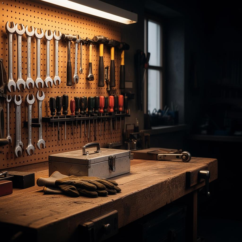 Werkplaats met gereedschap netjes opgehangen aan pegboard